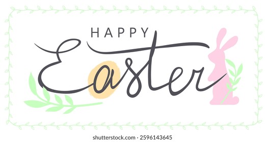 Happy Easter banner in minimal style. Hand painted trendy Easter design with typography, egg and bunny in pastel colors