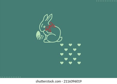 Happy Easter banner in a minimalist style. Cute rabbit with a red bow, easter eggs in the grass  and geometric hearts pattern, vector isolated elements on dark green background 