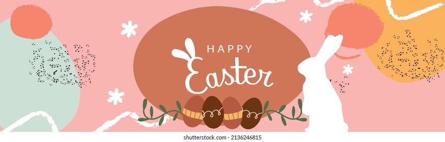 Happy Easter banner. Modern Easter design with typography, hand painted brush strokes and dots, eggs and rabbit in pastel colors. Modern minimalist style.