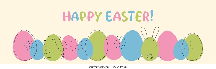 Cartel de Feliz Pascua. Diseño moderno con tipografía, huevos y conejillos de Pascua.