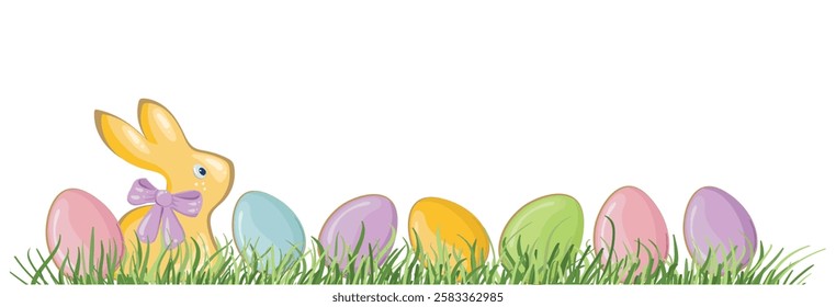 Happy Easter banner with modern design with colorful eggs and bunny and spring grass for holiday greeting. Vector template for congratulations and advertising.