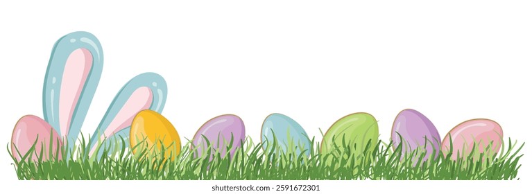 Happy Easter banner with modern design with colorful eggs and ears bunny and spring grass for holiday greeting. Vector template for congratulations and advertising.