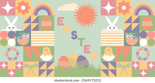 Happy Easter. Banner in modern geometric style in pastel colors. Holiday concept. Vector illustration.