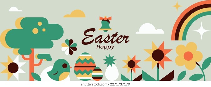 Happy Easter banner. Modern minimal style. Flat vector illustration. Trendy Easter design with typography, flowers, eggs and rainbow. Spring background. Isolated elements. Cute header for website. 