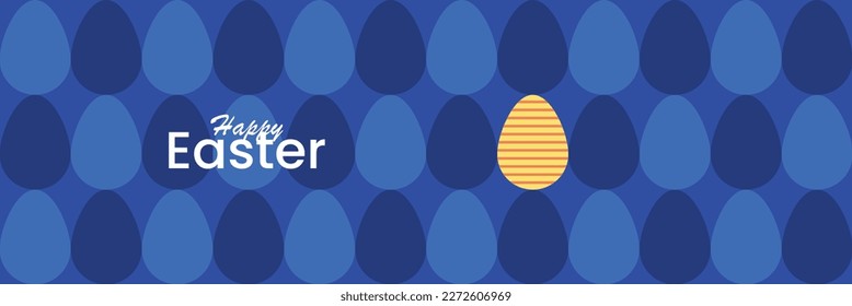 Happy Easter banner. Modern minimal style. Flat vector illustration. Trendy Easter design with typography and blue eggs. Funny horizontal template. Isolated elements. Cute header for website.