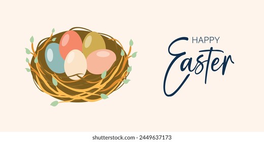Happy Easter banner. Modern minimal style.  Easter eggs in a basket. Side view. Beige background. Horizontal poster, greeting card, header for website.
