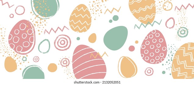 Happy Easter banner. Multicolored eggs and patterns on white background. Easter cards and textiles, wallpapers. Vector image.