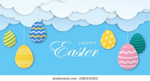 Happy Easter banner. Multicolored eggs against background of sky with clouds. Greeting card in paper cut style. Religious traditional spring holiday and festival. Cartoon flat vector illustration