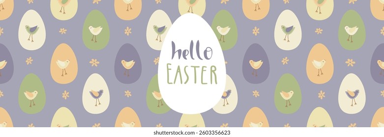 Happy Easter banner on lilac background with colored eggs, cute chickens and flowers. Flat vector illustrations for holiday celebration.
