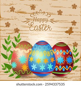 Happy Easter banner on wooden background bright colorful with eggs pattern