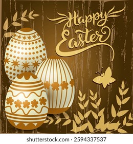 Happy Easter banner on wooden background bright colorful with eggs pattern