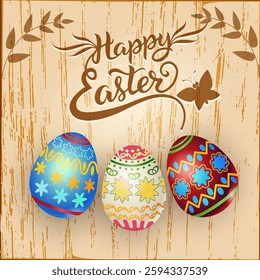 Happy Easter banner on wooden background bright colorful with eggs pattern