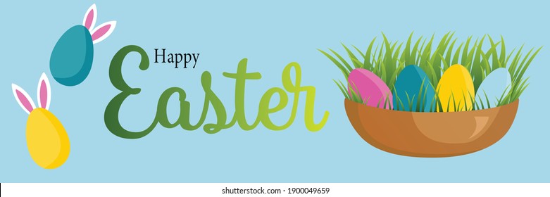 Cartel de Pascua feliz con huevos pintados, orejas de conejito y hierba brotada
