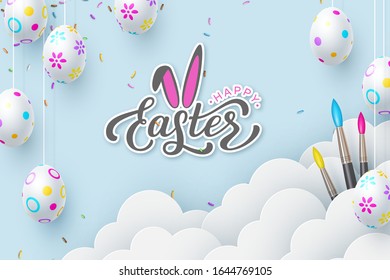 Happy Easter banner with painted hanging eggs, brushes, paper cut clouds and hand written calligraphy. Blue background decorated sprinkled sweets. Vector realistic.