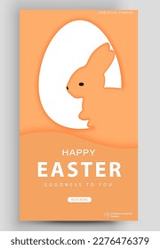 Cartel de Feliz Pascua. Estilo de corte de papel con conejo y huevos de Pascua. Plantilla de publicación editable para venta de banners, presentación, invitación, historias, streaming.