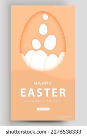 Happy Easter banner. Paper cut style with easter eggs. Editable post template for banner sale, presentation, invitation, stories, streaming.