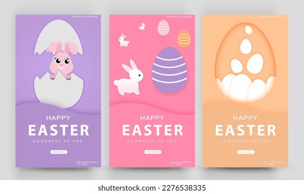 Happy Easter banner. Paper cut style with rabbit and easter eggs. Editable post template set for banner sale, presentation, invitation, stories, streaming.