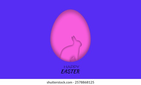 Happy Easter banner with paper cut style, greeting card, poster, holiday cover, social media post. Vector square background with , Bunny inside egg.