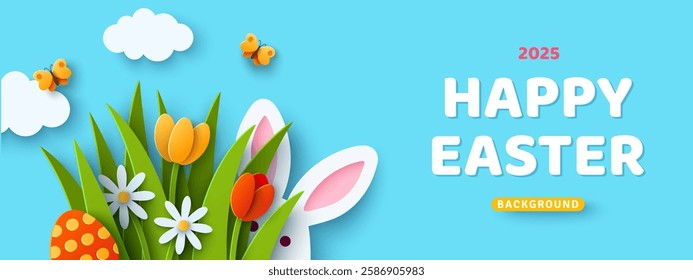 Happy Easter banner with paper cut clouds, rabbit, colored egg and spring grass, blue sky background, papercut craft art. Place for text. Sale concept voucher template, bunny hare ears