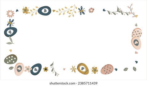Happy Easter Banner. Pattern of eggs, flowers and twigs. For card, banner, poster, flyer, and web. Spring Festival. Vector illustration