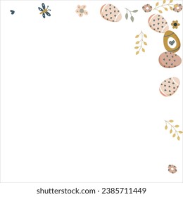 Happy Easter Banner. Pattern of eggs, flowers and twigs. For card, banner, poster, flyer, and web. Spring Festival. Vector illustration