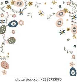 Happy Easter Banner. Pattern of eggs, flowers and twigs. For card, banner, poster, flyer, and web. Spring Festival. Vector illustration