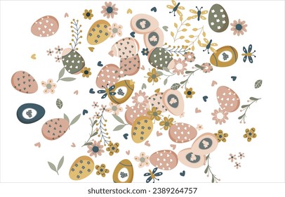 Happy Easter Banner. Pattern of eggs, flowers and twigs. For card, banner, poster, flyer, and web. Spring Festival. Vector illustration