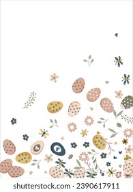 Happy Easter Banner. Pattern of eggs, flowers and twigs. For card, banner, poster, flyer, and web. Spring Festival. Vector illustration