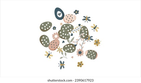 Happy Easter Banner. Pattern of eggs, flowers and twigs. For card, banner, poster, flyer, and web. Spring Festival. Vector illustration