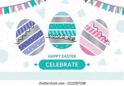 Happy easter banner with patterned easter eggs. Vector flat illustration