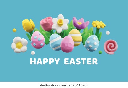 Happy easter banner with plasticine hand sculpted objects. Polymer clay decorative Easter eggs, spring flowers and greeting text on blue background. 3D vector illustration design.