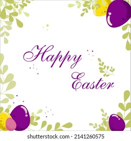 Banner, postal, afiche o volante feliz de Pascua con huevos de Pascua de vegetación. Feliz inscripción de Pascua.