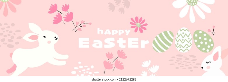 Happy Easter banner, poster background graphic design, decoration with bunnies, Easter eggs and flowers