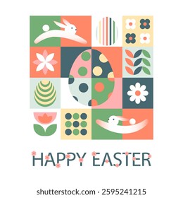 Happy Easter banner, poster, cover, or postcard. Geometry mosaic pattern. Modern scandinavian abstract style. A set of vector Easter illustrations. Easter eggs, rabbit, flowers 
