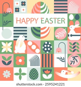 Happy Easter banner, poster, cover, or postcard. Geometry mosaic pattern. Modern scandinavian abstract style. A set of vector Easter illustrations. Easter eggs, rabbit, flowers 