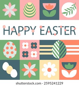 Happy Easter banner, poster, cover, or postcard. Geometry mosaic pattern. Modern scandinavian abstract style. A set of vector Easter illustrations. Easter eggs, rabbit, flowers 