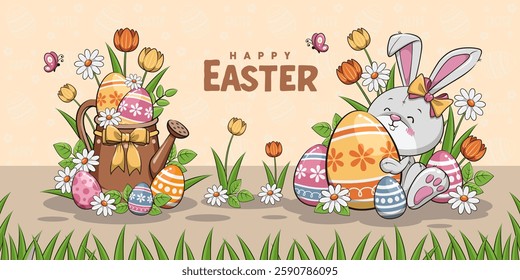 Happy Easter Banner And Poster With Cute Bunny Rabbit, Eggs, Tulips, And Watering Can Pot. Cute Cartoon Illustration.