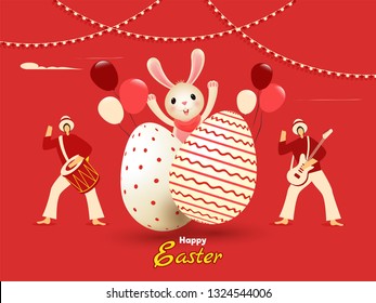 Happy Easter banner or poster design, illustration of printed eggs with cute bunny and dancing people character on red background.