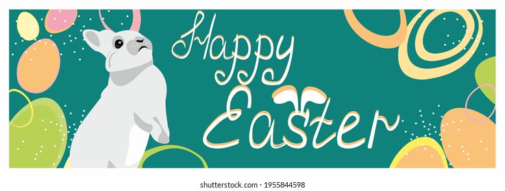 
happy easter banner poster greeting eggs written text white rabbit