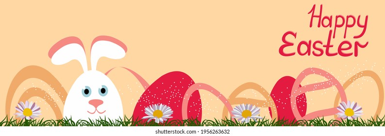 happy easter banner poster greeting eggs written text with hare egg on pink background in pastel colors