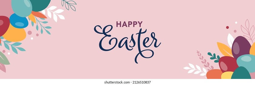 Happy Easter banner, poster, greeting card. Trendy Easter design with typography, bunnies, flowers, eggs, bunny ears, in pastel colors. Modern minimal style