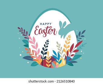 Happy Easter banner, poster, greeting card. Trendy Easter design with typography, bunnies, flowers, eggs, bunny ears, in pastel colors. Modern minimal style