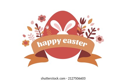 Happy Easter banner, poster, greeting card. Trendy Easter design with typography, bunnies, flowers, eggs, bunny ears, in pastel colors. Modern minimal style