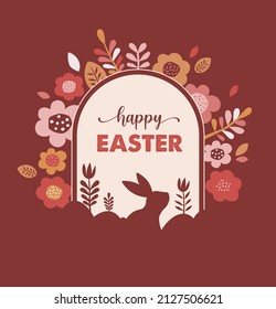 Happy Easter banner, poster, greeting card. Trendy Easter design with typography, bunnies, flowers, eggs, bunny ears, in pastel colors. Modern minimal style