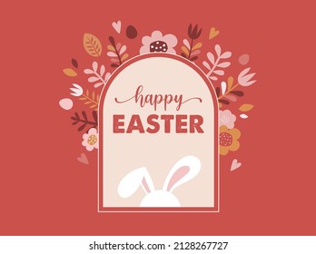 Happy Easter banner, poster, greeting card. Trendy Easter design with typography, bunnies, flowers, eggs, bunny ears, in pastel colors. Modern minimal style