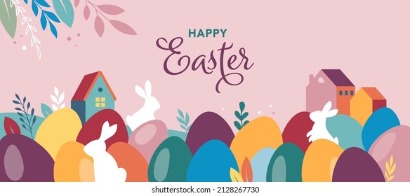 Happy Easter banner  poster  greeting card  Trendy Easter design and typography  bunnies  flowers  eggs  bunny ears  in pastel colors  Modern minimal style