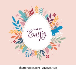 Happy Easter banner, poster, greeting card. Trendy Easter design with typography, bunnies, flowers, eggs, bunny ears, in pastel colors. Modern minimal style