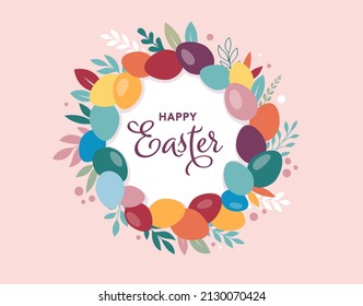 Happy Easter banner, poster, greeting card. Trendy Easter design with typography, bunnies, flowers, eggs, bunny ears, in pastel colors. Modern minimal style