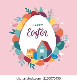 Happy Easter banner, poster, greeting card. Trendy Easter design with typography, bunnies, flowers, eggs, bunny ears, in pastel colors. Modern minimal style