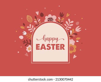 Happy Easter banner, poster, greeting card. Trendy Easter design with typography, bunnies, flowers, eggs, bunny ears, in pastel colors. Modern minimal style